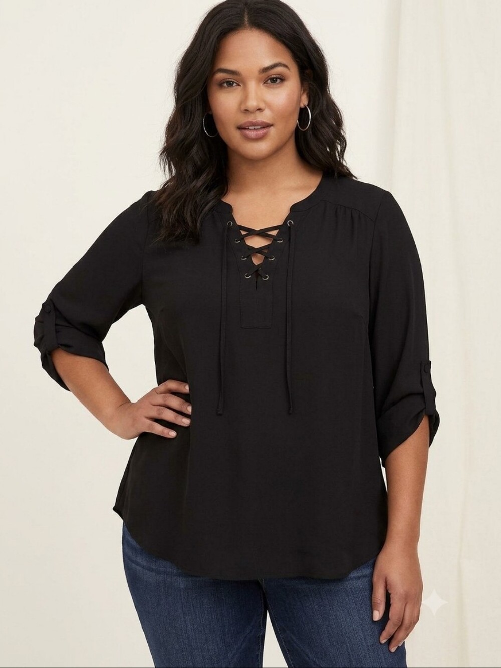 Torrid Black Lace-Up Roll Sleeve Blouse